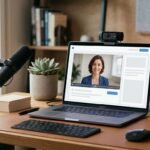 An open laptop with a video interface on a neat desk featuring a microphone and headphones.