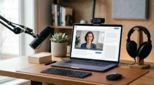 An open laptop with a video interface on a neat desk featuring a microphone and headphones.