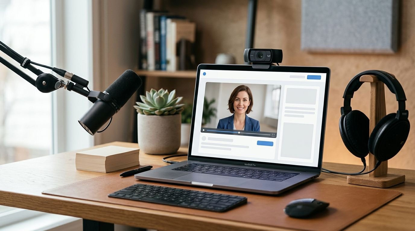 An open laptop with a video interface on a neat desk featuring a microphone and headphones.
