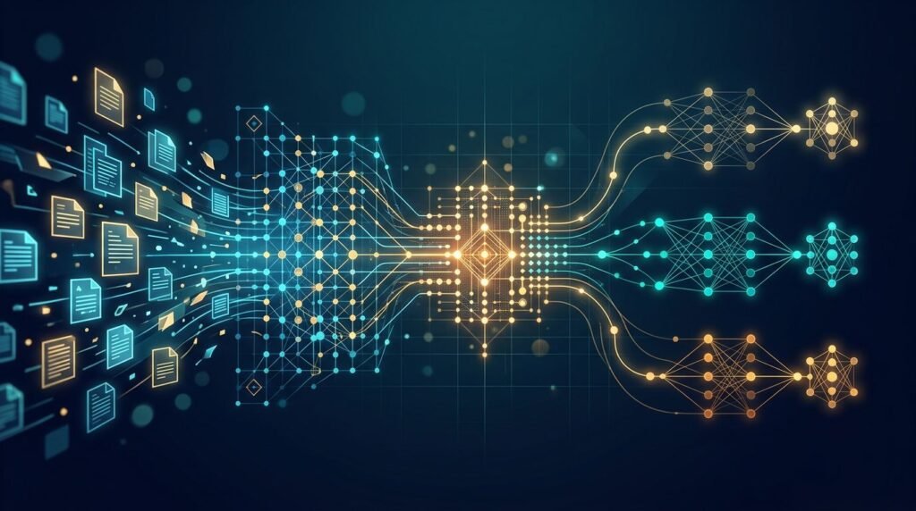 Glowing document pieces flow through a vector grid and colored nodes on a dark teal background.