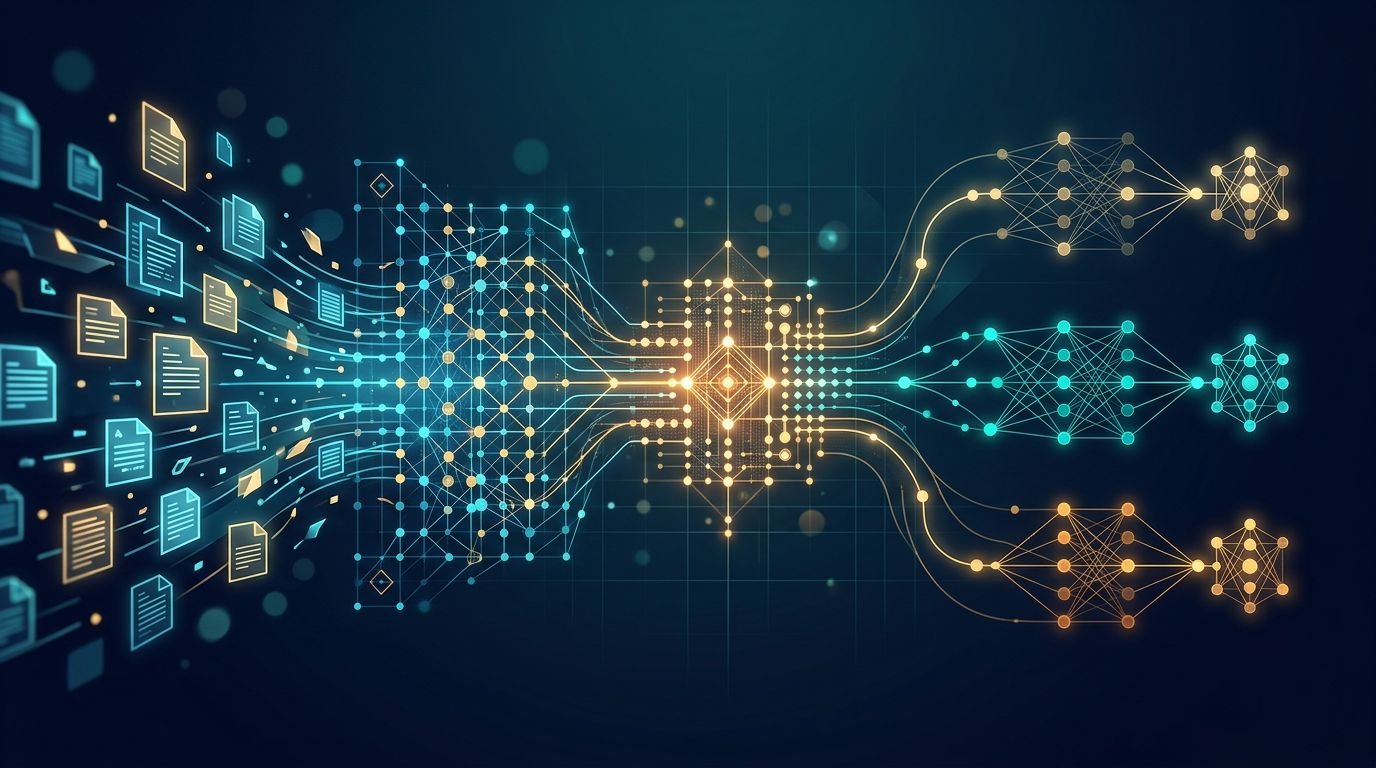 Glowing document pieces flow through a vector grid and colored nodes on a dark teal background.