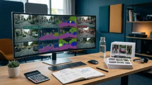 A computer monitor showing image bounding boxes next to budget charts on a clean desk.