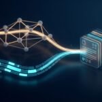 Glowing data streams merge into organized document cards on a dark background.