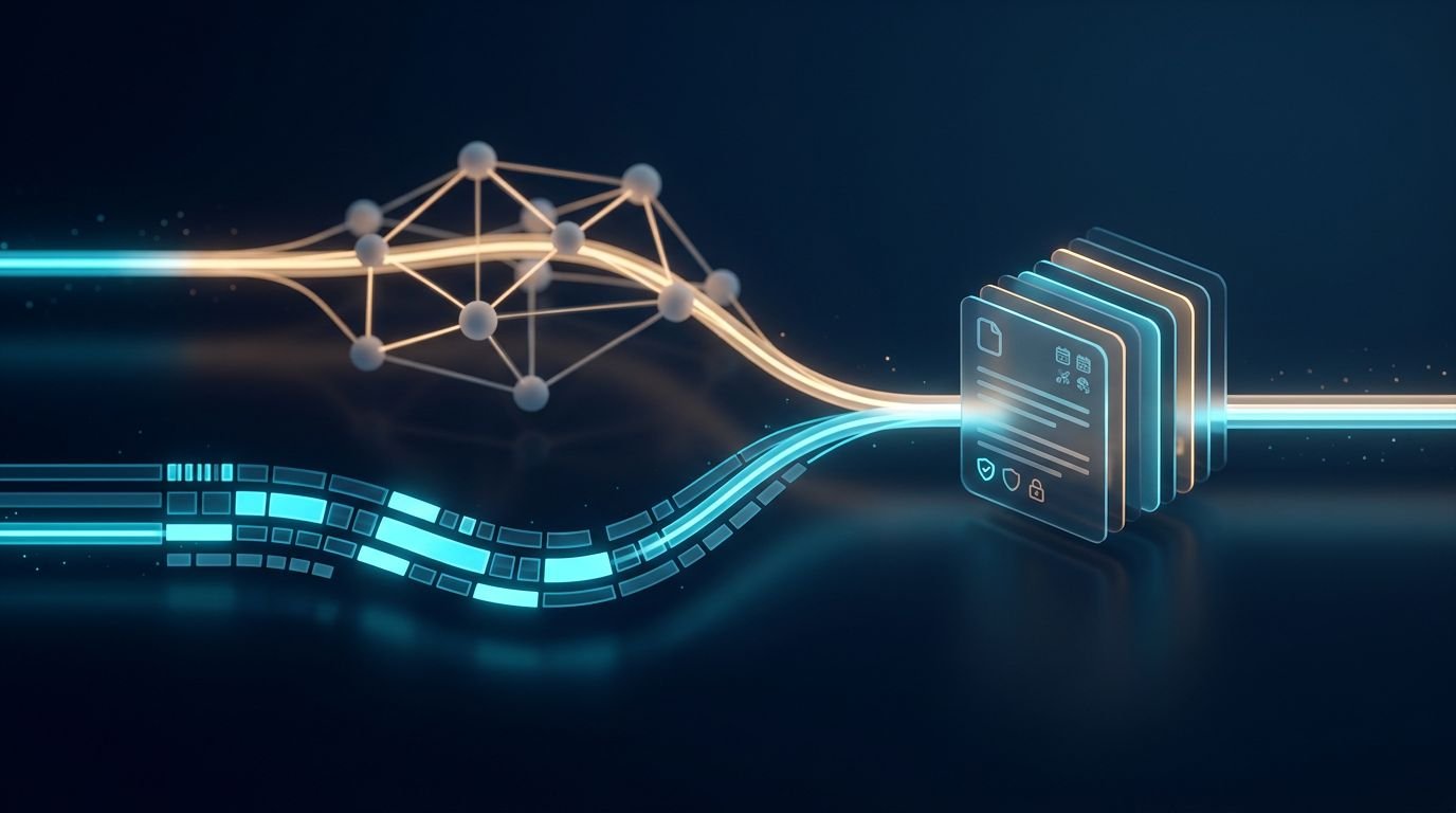Glowing data streams merge into organized document cards on a dark background.