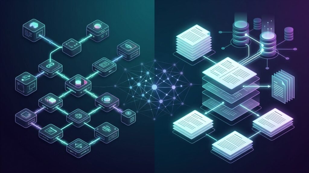 Split screen showing connected AI workflow nodes on the left and stacked database documents on the right.