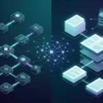 Split screen showing connected AI workflow nodes on the left and stacked database documents on the right.