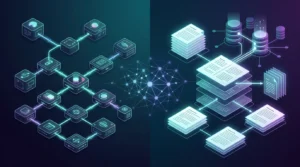 Split screen showing connected AI workflow nodes on the left and stacked database documents on the right.