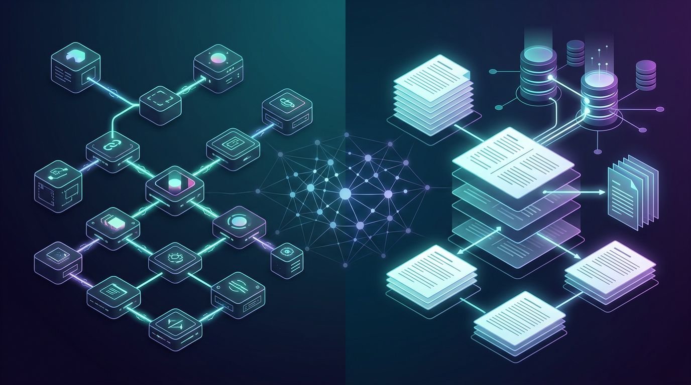 Split screen showing connected AI workflow nodes on the left and stacked database documents on the right.