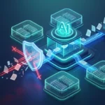 A glowing security shield filters data between separate digital vaults and a blue search grid.