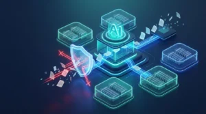 A glowing security shield filters data between separate digital vaults and a blue search grid.