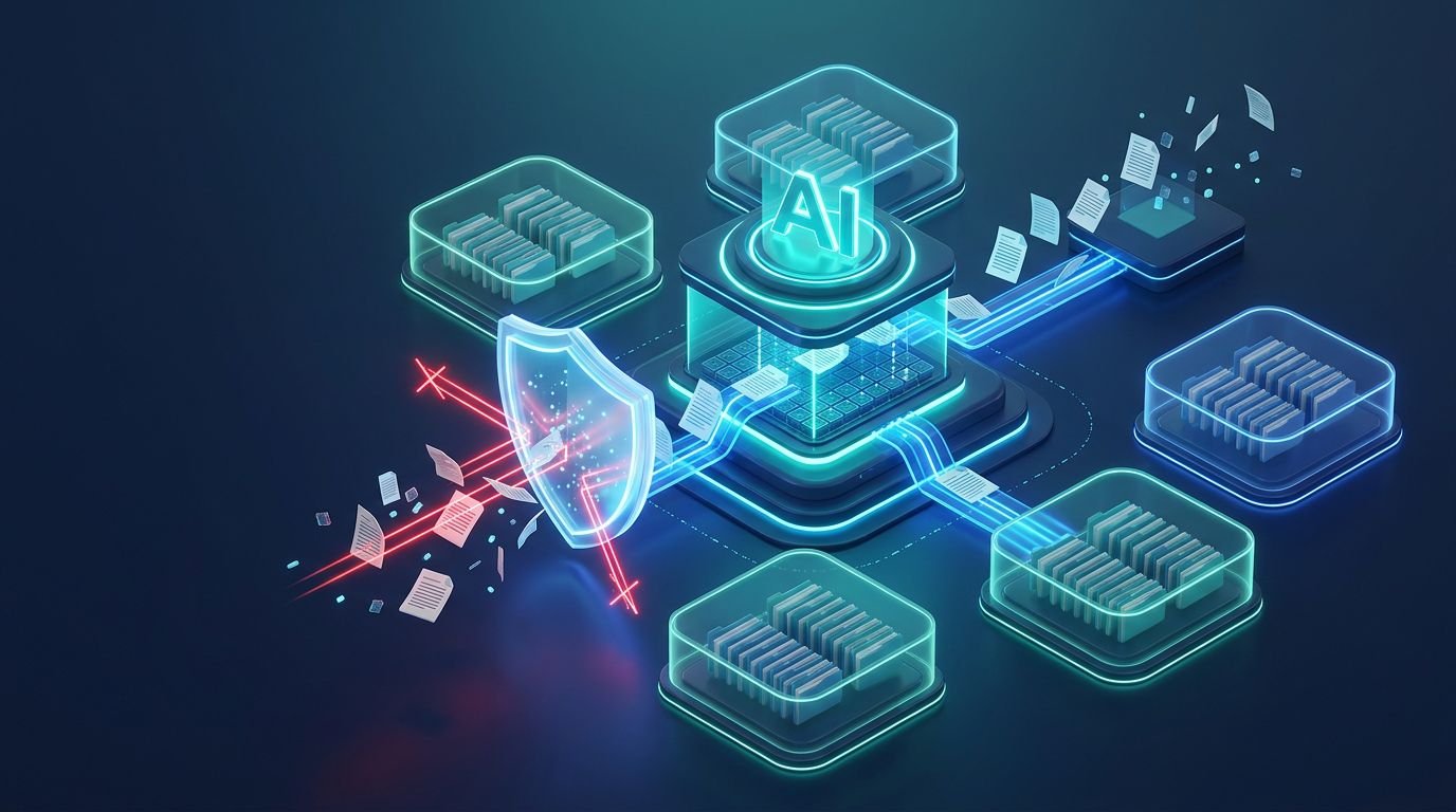 A glowing security shield filters data between separate digital vaults and a blue search grid.