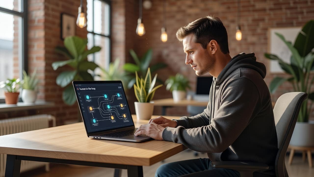 An operator checking an automated support workflow on a laptop in a bright office.