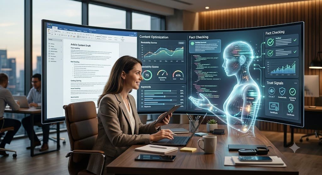 Human writer collaborating with AI to create trustworthy content