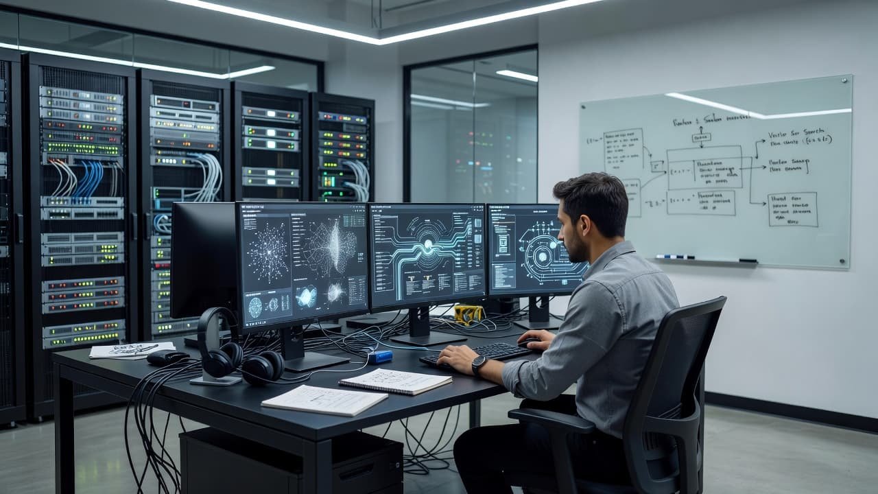 An engineer reviewing complex data retrieval pipelines on dual monitors in a modern office.