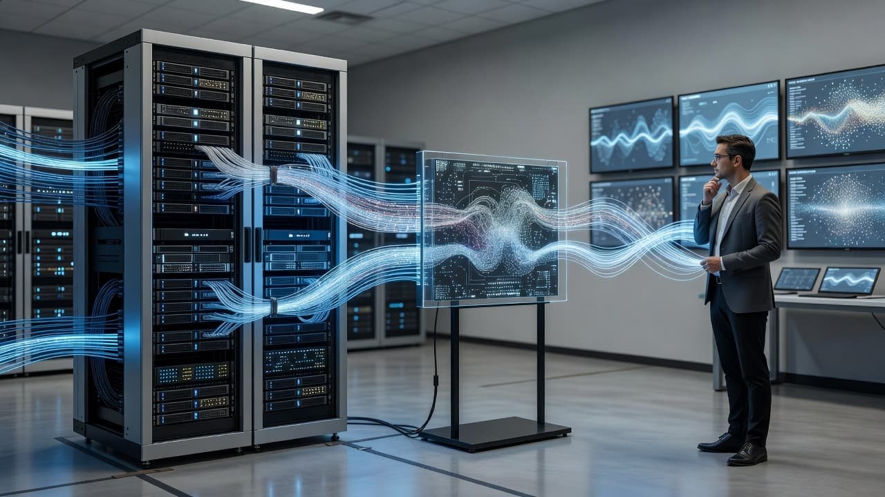 An IT technician monitors a server rack routing illuminated data streams through a security gateway.