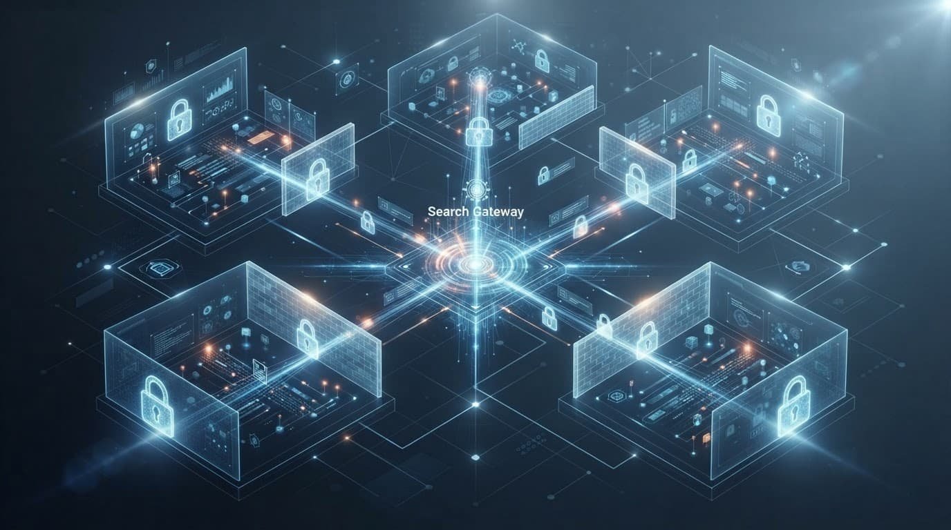 Glowing locks connect separate data clusters in a blue security network.