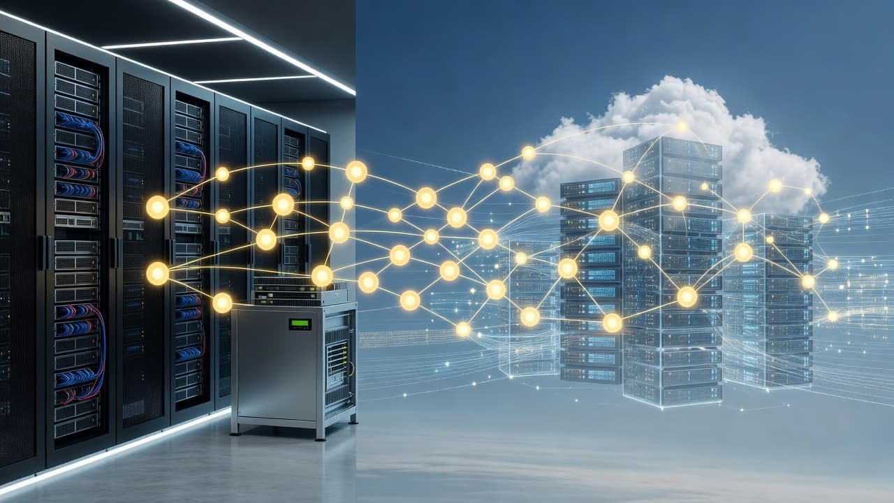 A split view of local server hardware and cloud servers connected by glowing vector nodes.