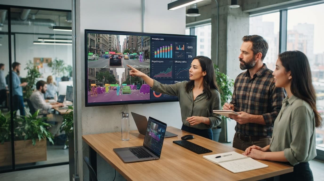 Tech professionals looking at analytics and charts on a large monitor in an office.