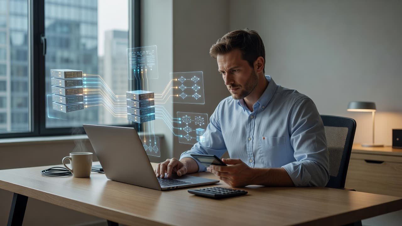 A professional at a desk with a laptop, calculator, and glowing cloud data graphics.