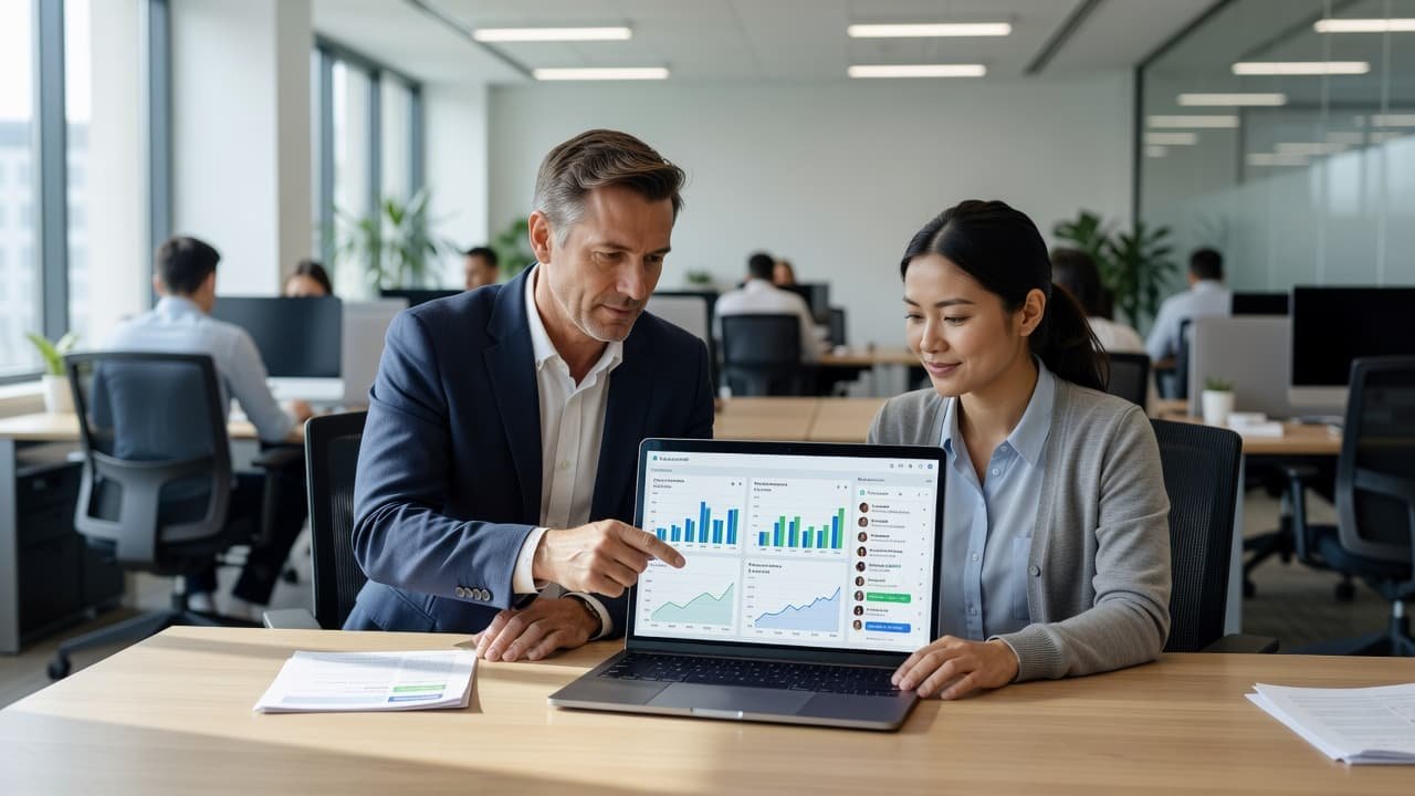 A manager sits next to an agent and reviews analytics dashboards together on a laptop screen.