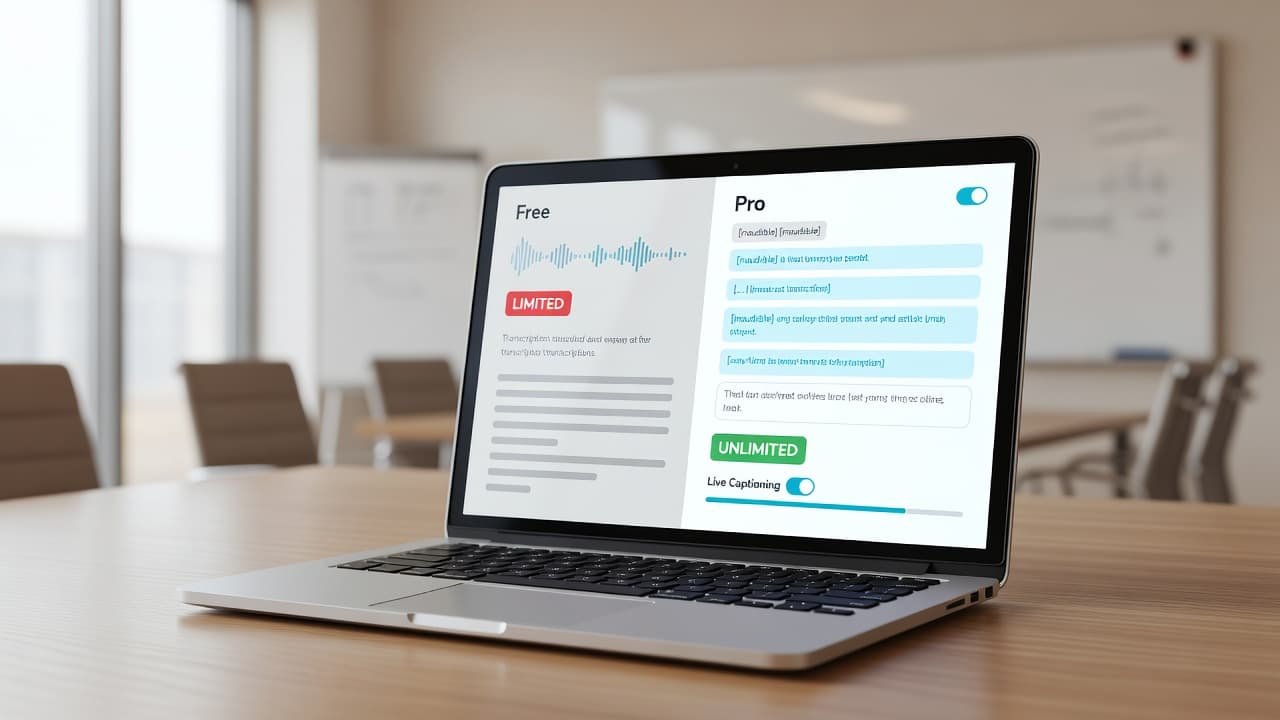 A close-up view of a sleek laptop screen displays a clean transcription software dashboard within a bright, professional meeting room. Soft natural light illuminates the workspace to highlight digital workflow efficiency.