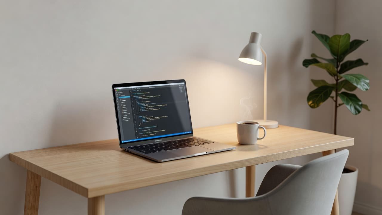 An open laptop displaying programming code sits on a sleek wooden desk beside a steaming cup of coffee. Warm ambient lighting creates a focused and productive atmosphere in the home study.