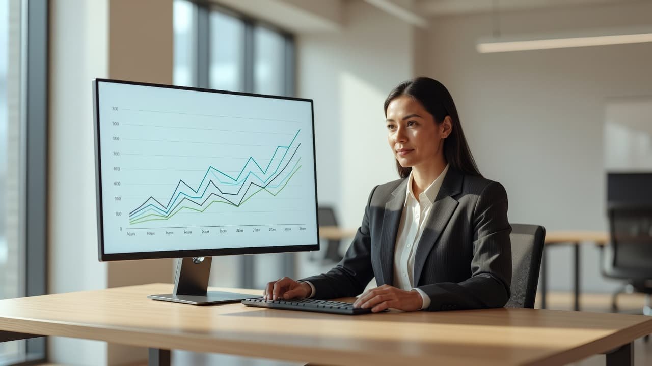 A professional examines a bright computer screen displaying a rising line graph of growth metrics. Soft natural light illuminates the modern office space, creating a calm atmosphere for data review.