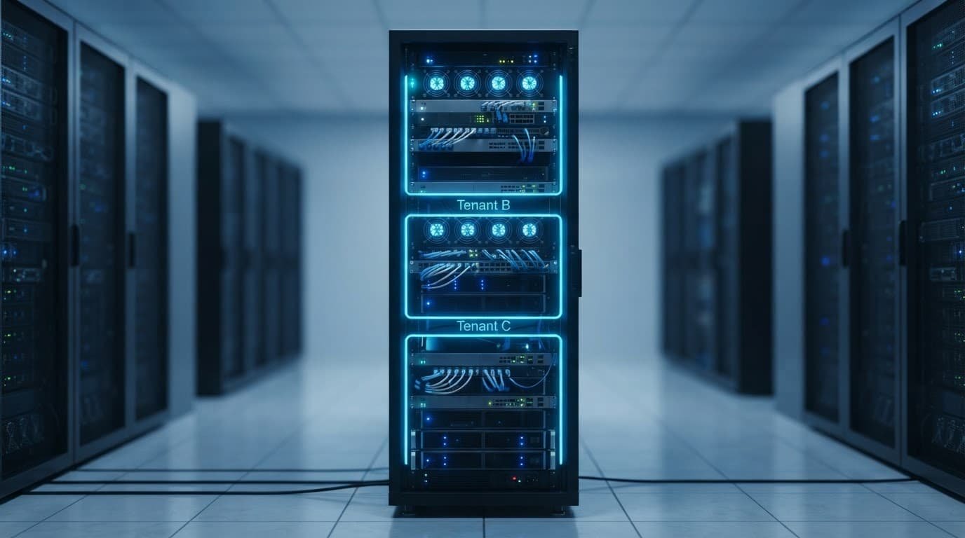 A cloud server rack surrounded by separated blue data zones.