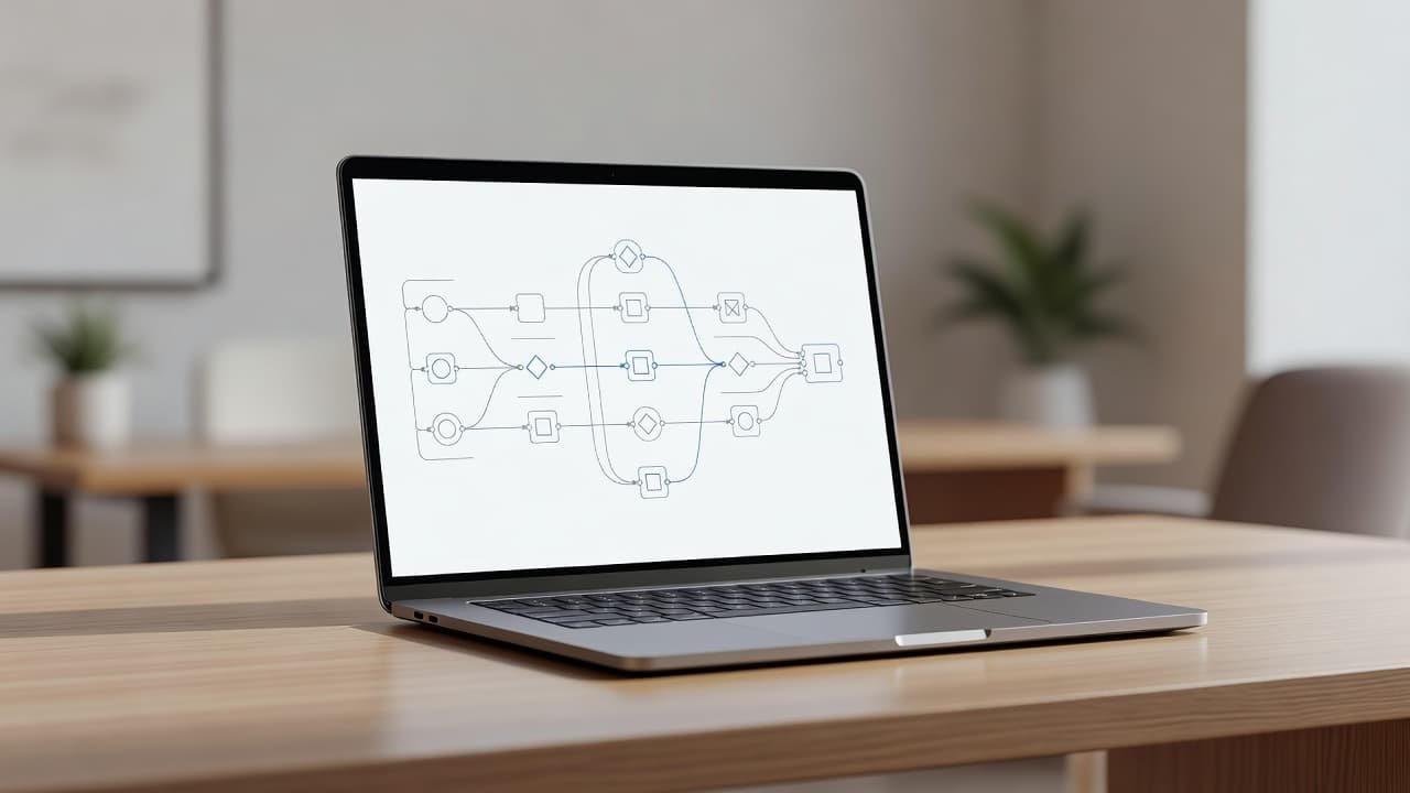 A sleek laptop displays a clean node-based diagram featuring interconnected dots on a soft-focus office background. The composition highlights an intuitive visual layout that simplifies complex automation processes for professional users.