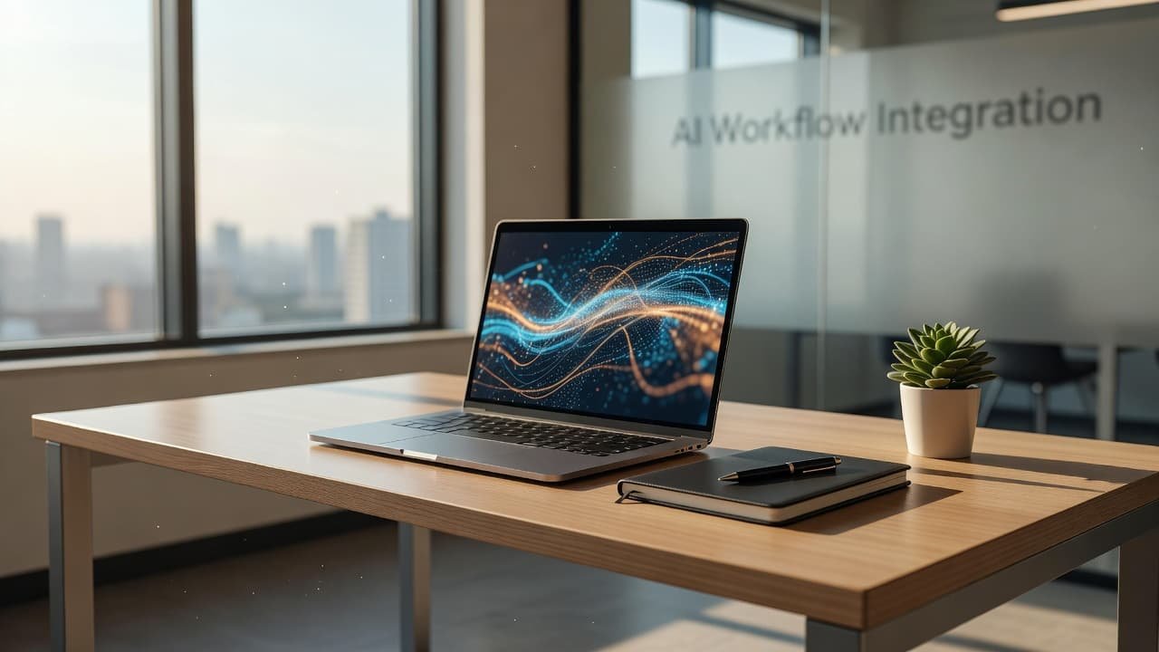 A sleek silver laptop sits open next to a leather-bound notepad on a minimalist desk. Soft morning sunlight streams across the organized surface, highlighting the clean setup of a productive workstation.
