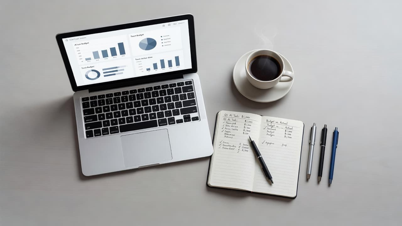 A top-down view shows a clean desk featuring a silver laptop, a notebook filled with financial charts, a ceramic coffee cup, and several pens arranged neatly on a modern surface.