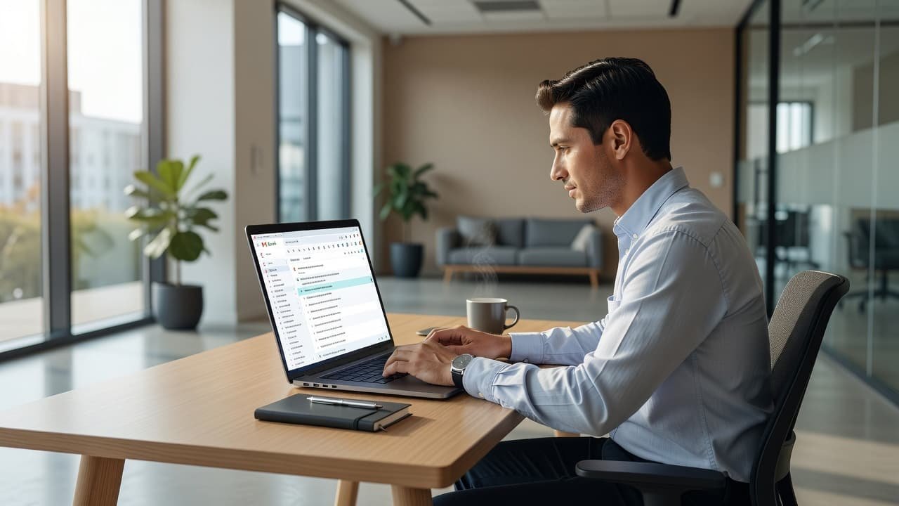 A focused individual sits at a minimalist desk inside a bright, modern office space. They are typing on a laptop displaying a messaging interface with an active email composition window open.