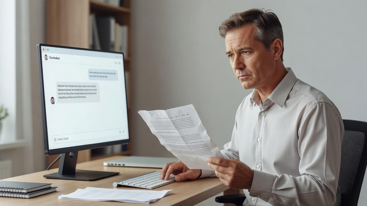 A focused professional holds a printed document while comparing it to information on a glowing computer monitor. The modern home office features clean lines and soft natural lighting during work.