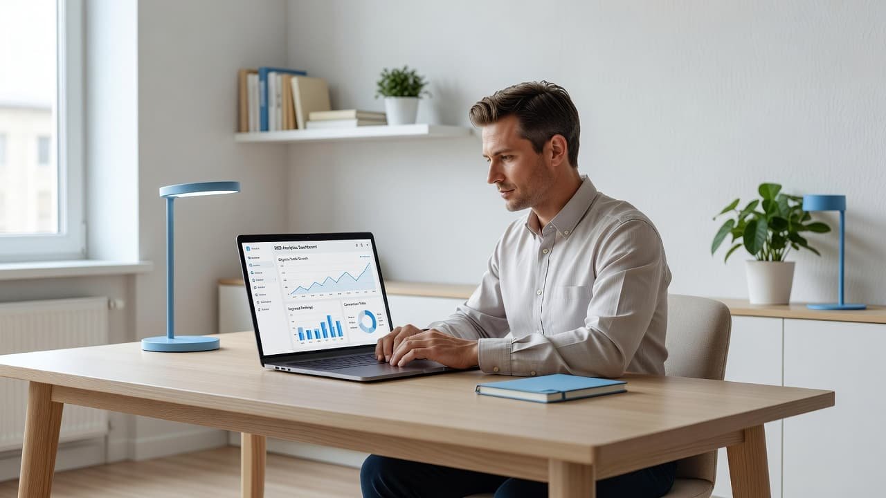A close-up view of a professional laptop screen displaying colorful analytics data in a tidy home office. Soft natural light illuminates the desk while a blurred person works nearby.