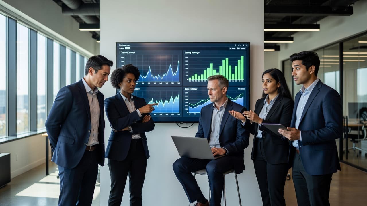 Engineers collaborating around large monitors displaying software deployment metrics.