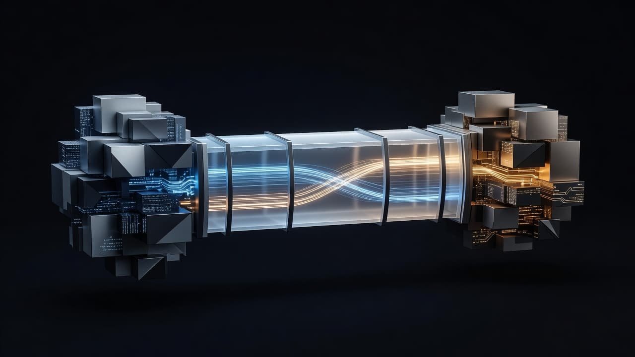 A luminous architectural structure forms a glowing bridge between two abstract data nodes. Soft beams of light connect the systems, emphasizing a seamless and protected flow of secure enterprise information.