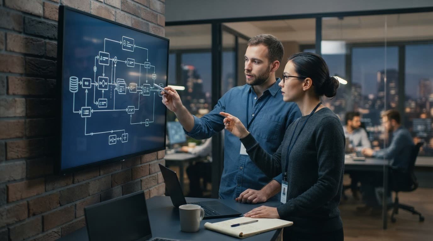Two developers review abstract data-flow diagrams and access controls on a blank monitor.