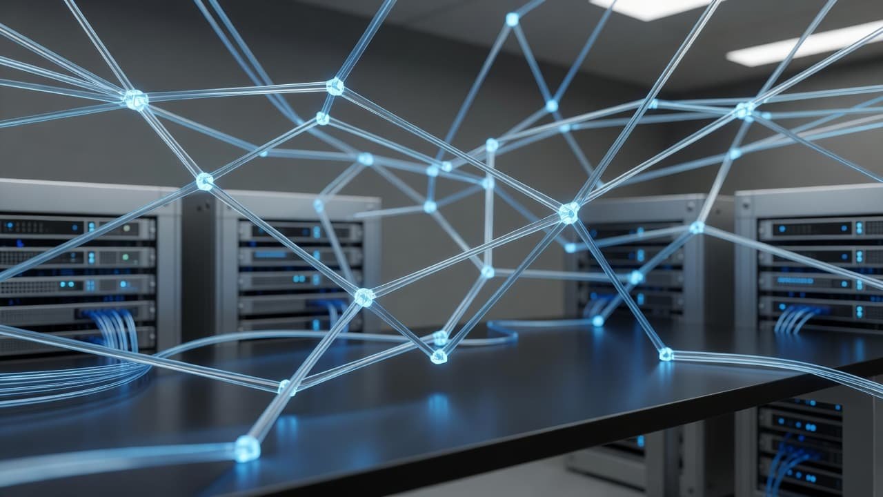 Glowing blue nodes and connecting lines forming an abstract digital data network.