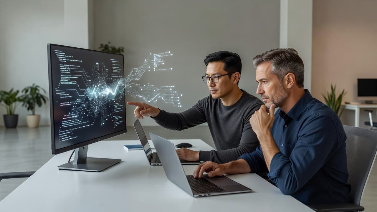 Two focused developers sit at a sleek modern desk while viewing complex data visualizations on a shared monitor. Soft overhead lights illuminate their minimalist workspace filled with high-end workstation hardware.
