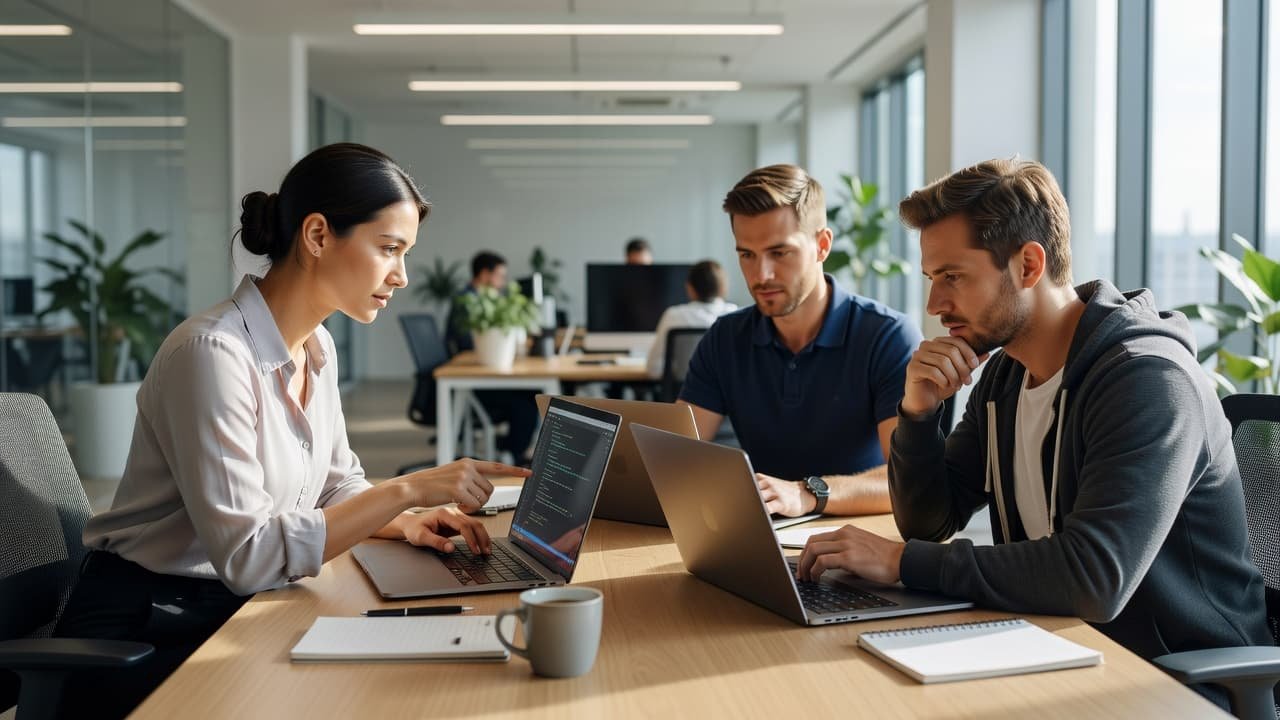 Three developers sit around a sleek desk in an open-concept office, focusing intently on laptop screens displaying complex code. The bright room features large windows and contemporary office furniture throughout.