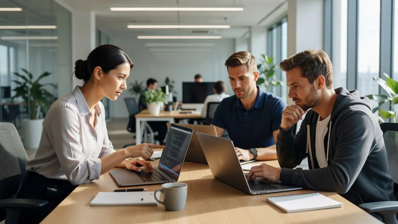 Three developers sit around a sleek desk in an open-concept office, focusing intently on laptop screens displaying complex code. The bright room features large windows and contemporary office furniture throughout.