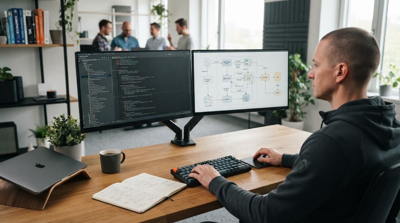 Dual monitors display lines of code and a database architecture diagram in a clean office.