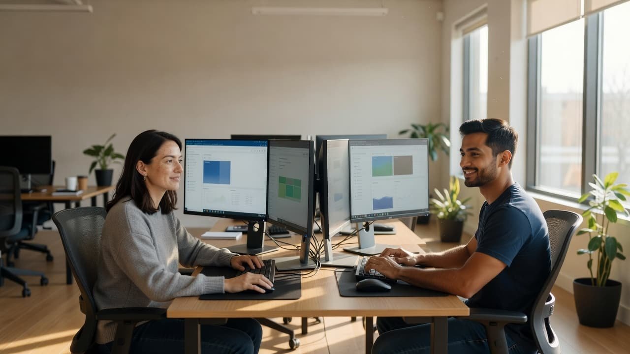 Two software engineers looking at test results on dual monitors in a sunny office.
