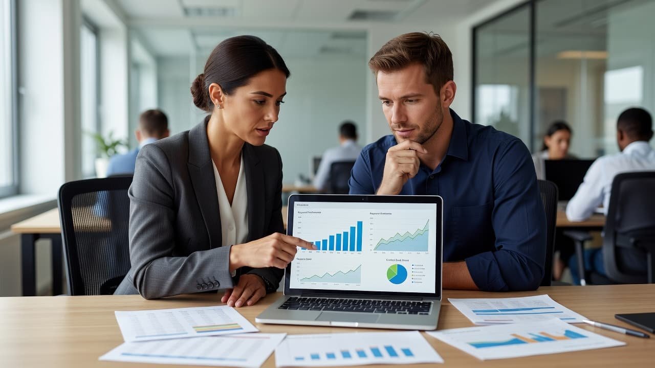 Two professionals sit side-by-side at a desk, looking closely at a glowing laptop screen displaying colorful data charts and graphs. The modern office background is softly blurred in natural light.