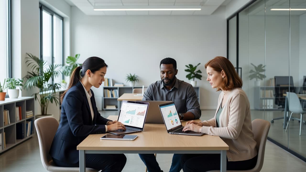 Three colleagues sit at a white table in a bright office, reviewing digital marketing metrics on their laptops. Screens display complex SEO dashboard data while the team collaborates on the project.