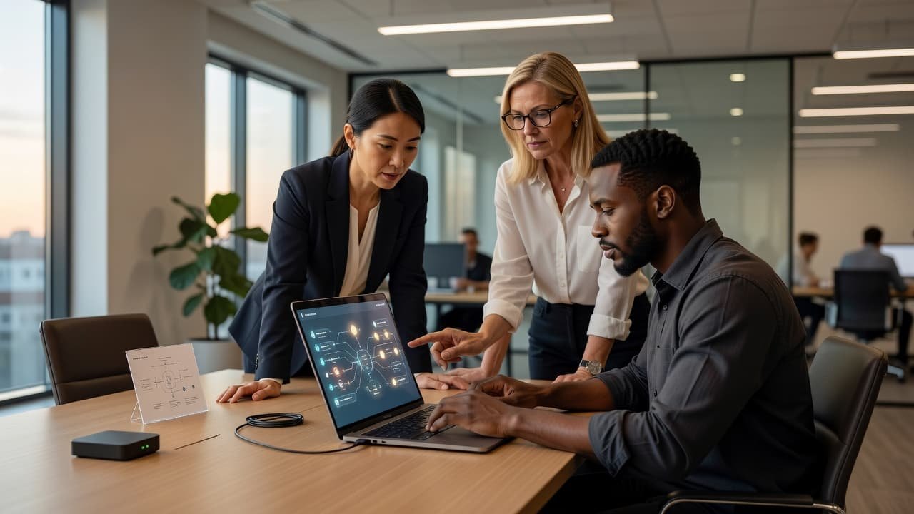 Three colleagues gather around a minimalist desk, reviewing complex node-based automation diagrams on a laptop screen. Soft ambient light illuminates their professional workspace and the technical charts on display.
