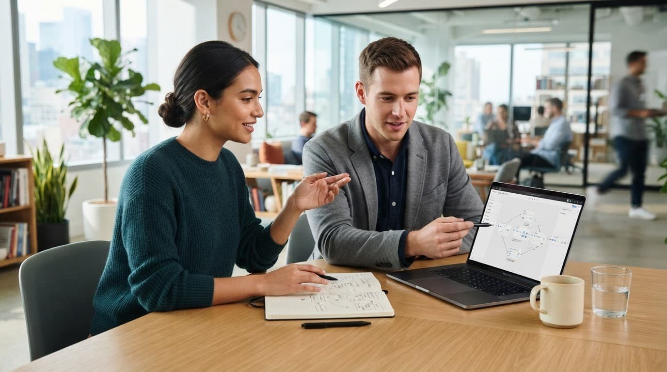 Two people reviewing notes together at a wooden desk with a laptop.
