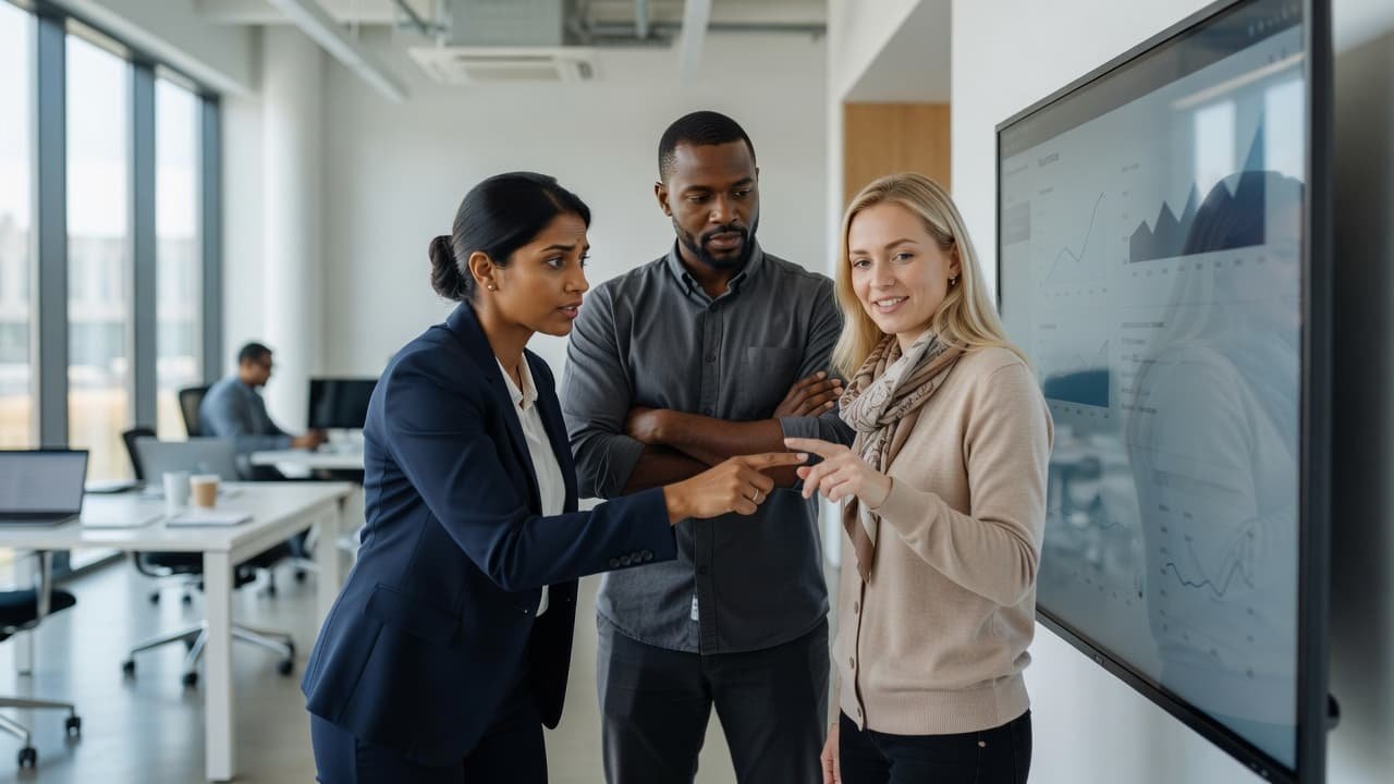 Three colleagues stand together in a brightly lit modern office, pointing at a large wall-mounted monitor. They examine complex data charts and digital analytics to refine their current team project strategy.