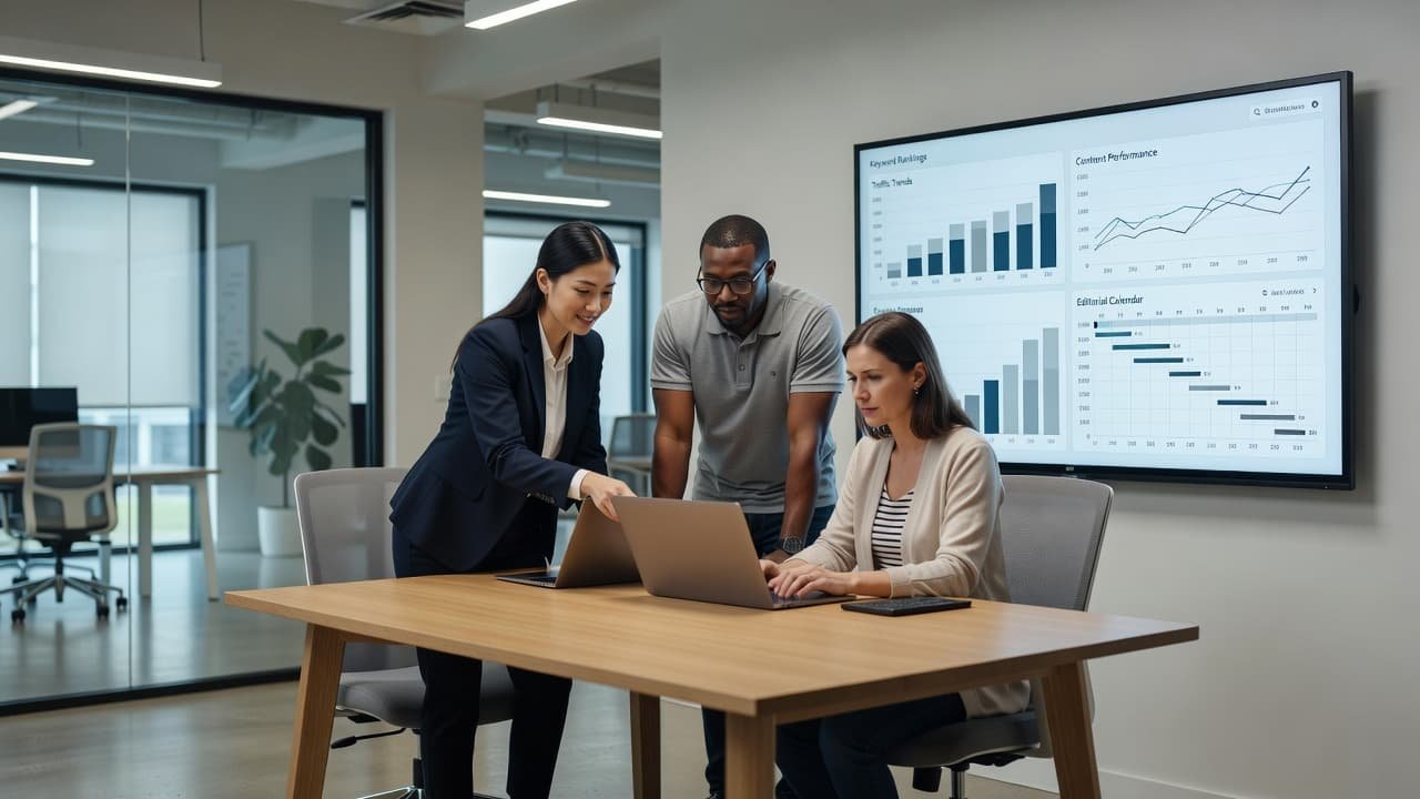 Three professionals gather around a sleek table to examine a large wall-mounted monitor displaying colorful SEO data charts. They engage in an active brainstorming session within a bright, modern office space.