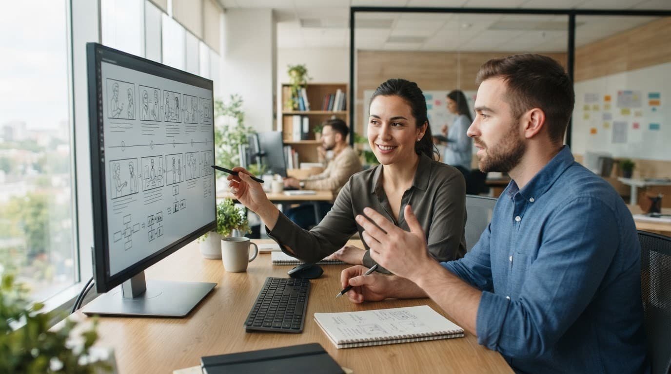 Two colleagues reviewing video storyboards on a monitor.